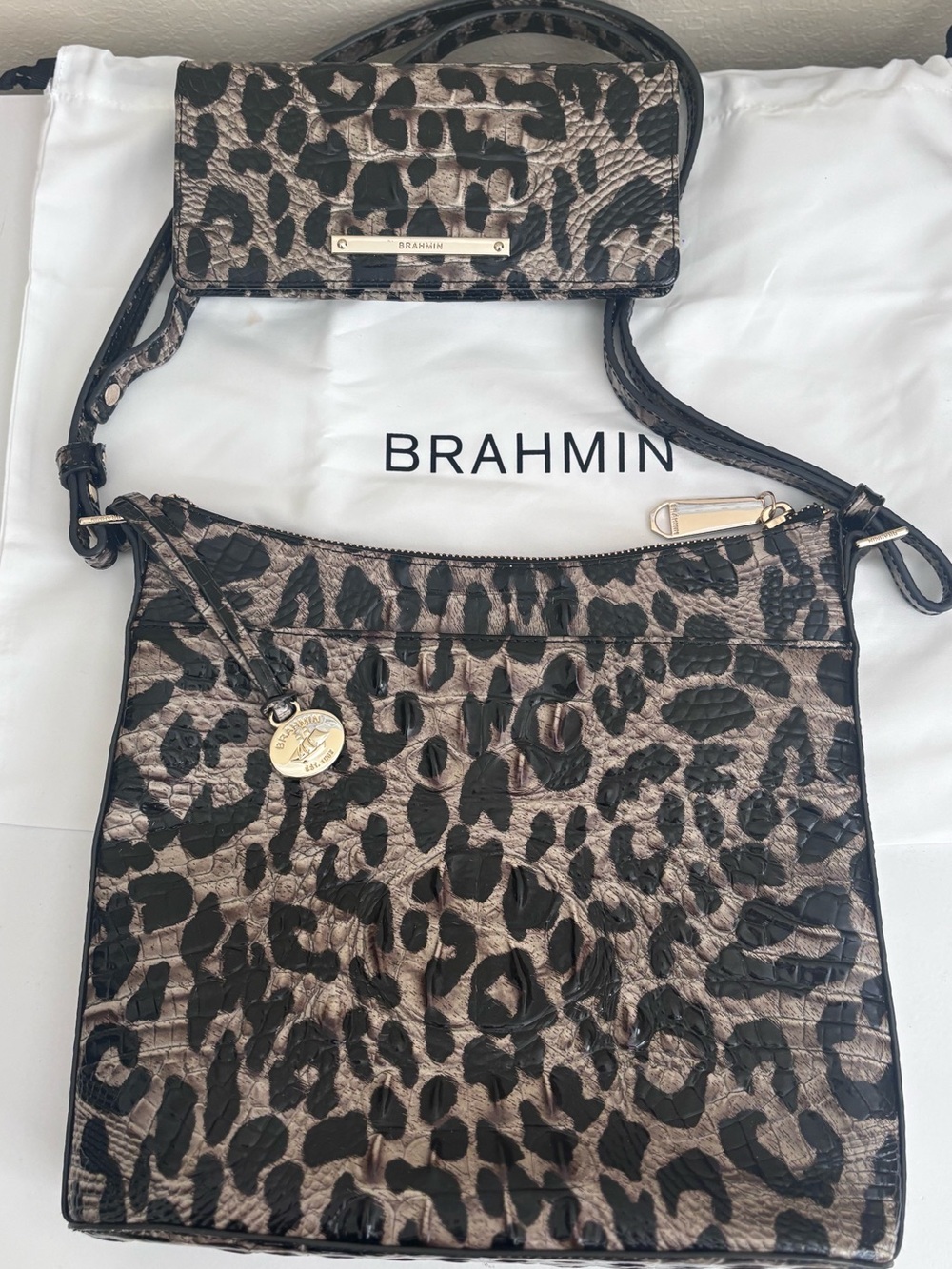 Brahmin Katie Crossbody Snow Leopard Leather Messenger Bag with Ady Wallet EUC
